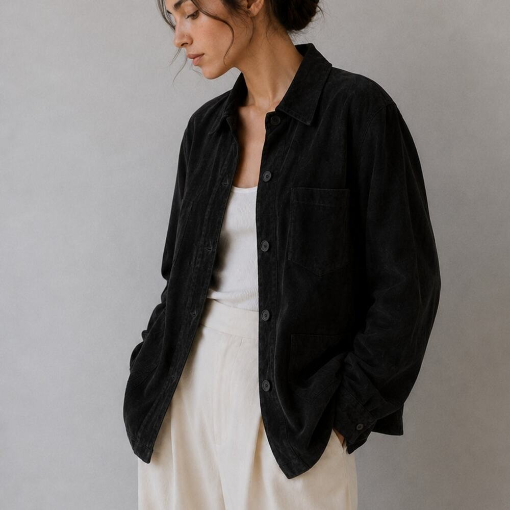Great Northwest Suede Leather Shirt Jacket Overshirt Unisex L Black Button Down